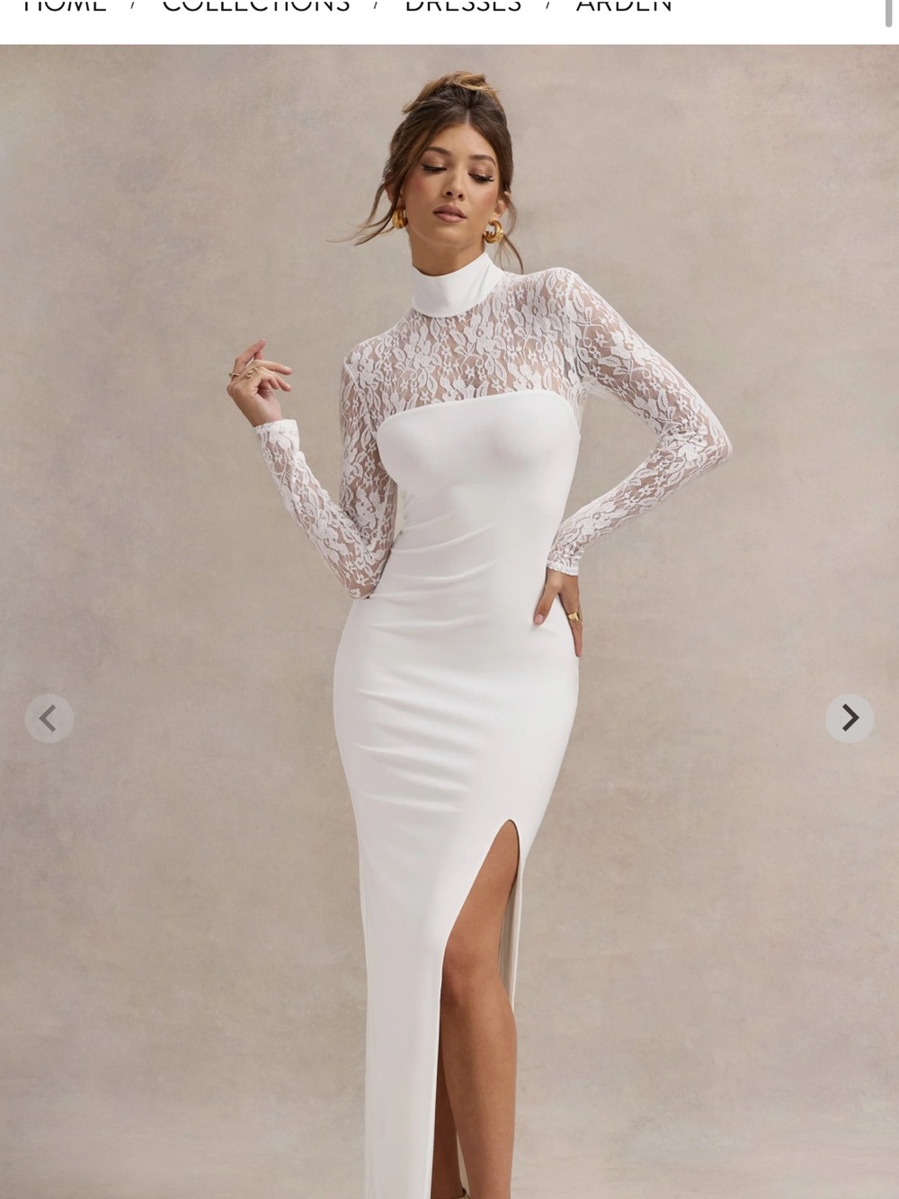 High-Neck White Lace Long-Sleeve Evening Gown
